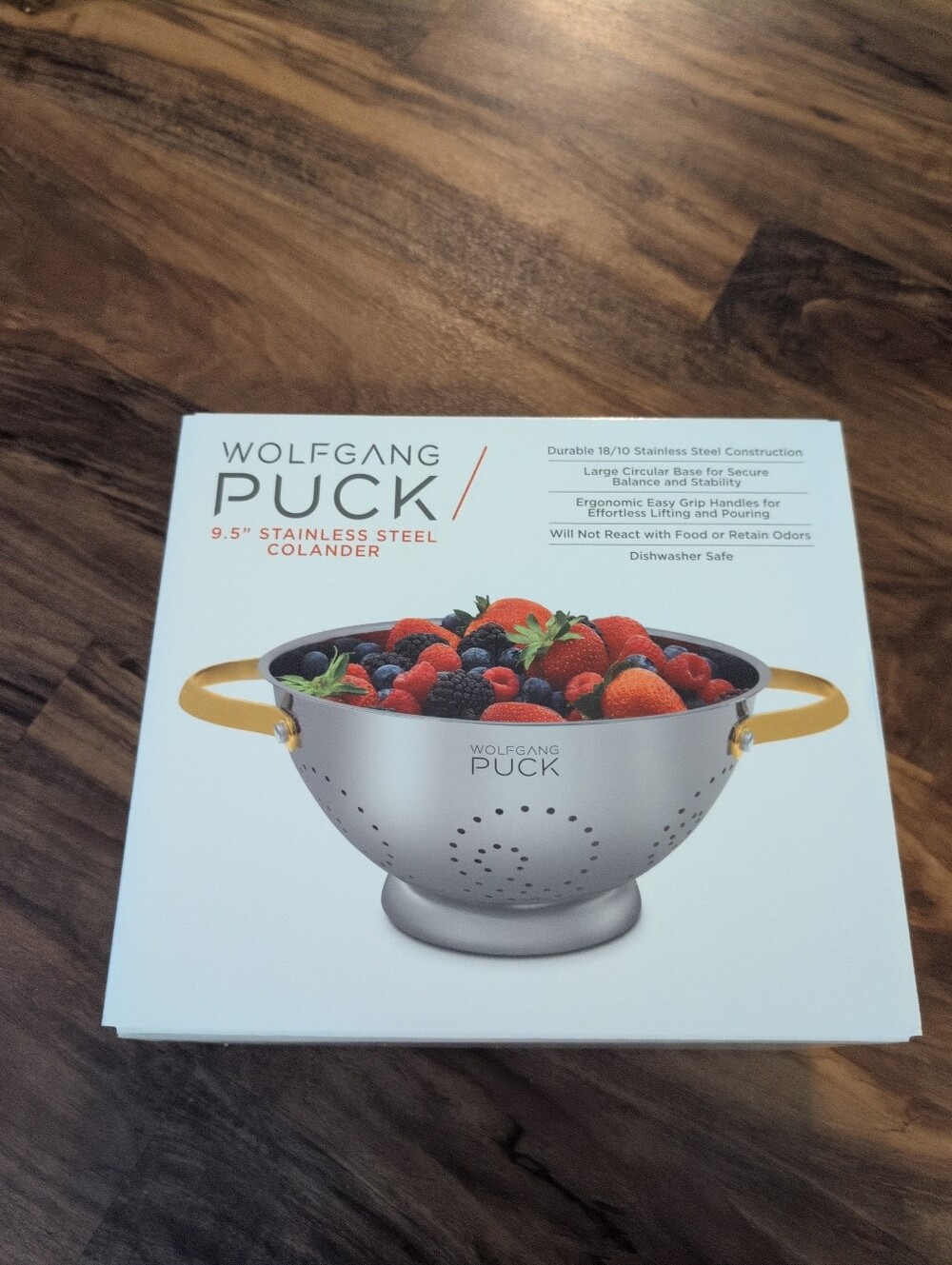 Wolfgang Puck 9.5" Stainless Steel Colander with Gold Handles – New
